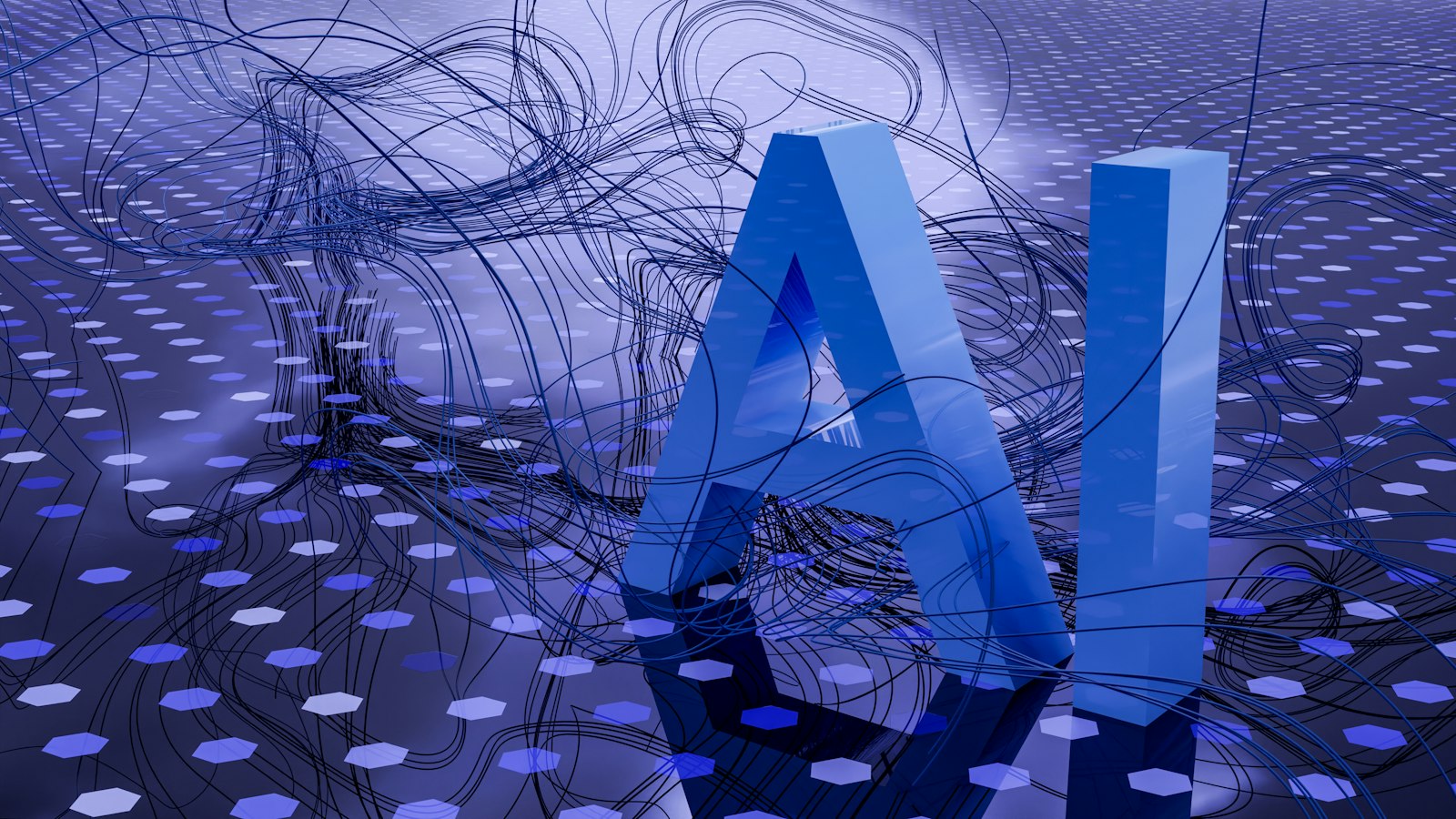 Illuminated AI lettering over a circuit pattern