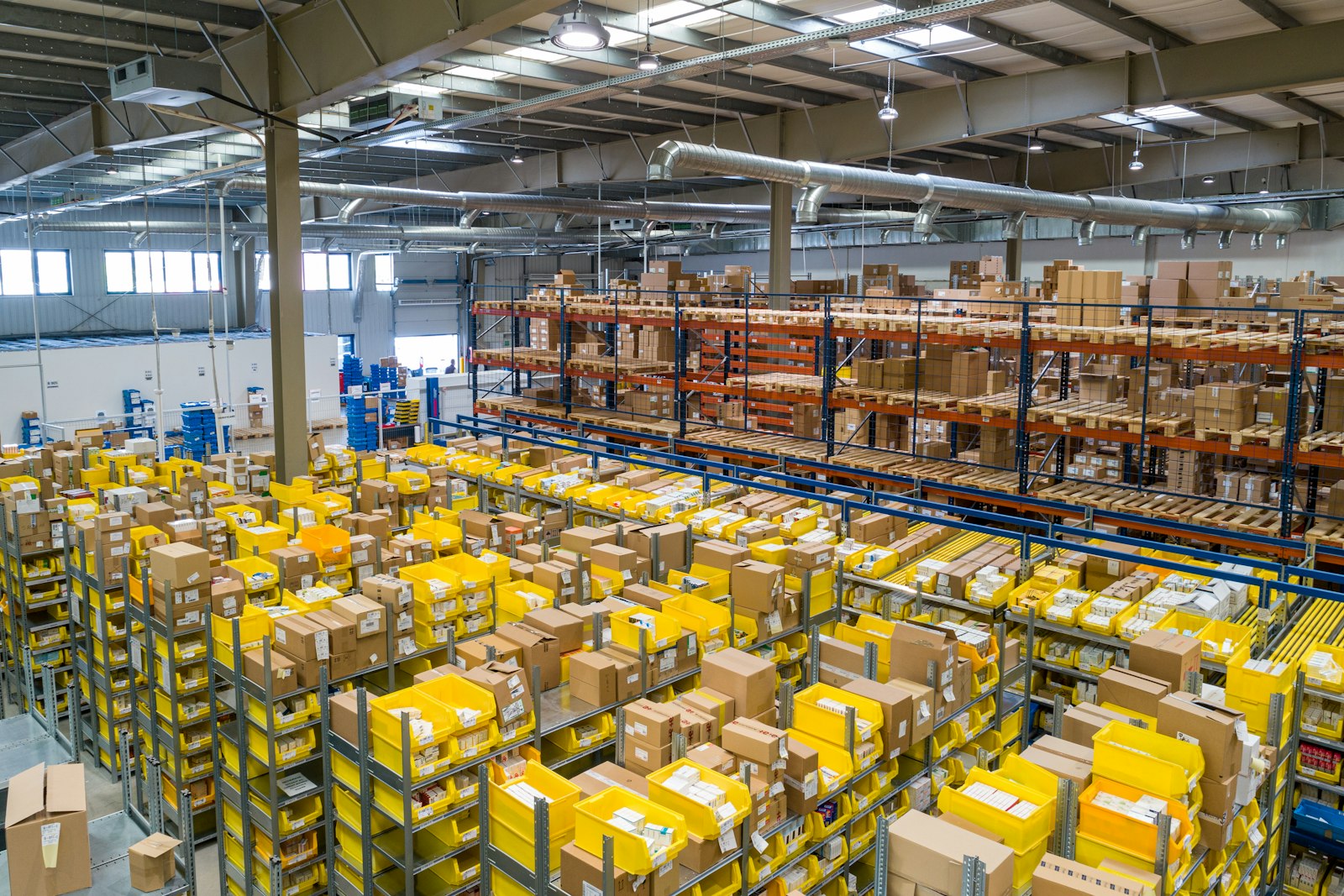 Warehouse aisles stacked with inventory